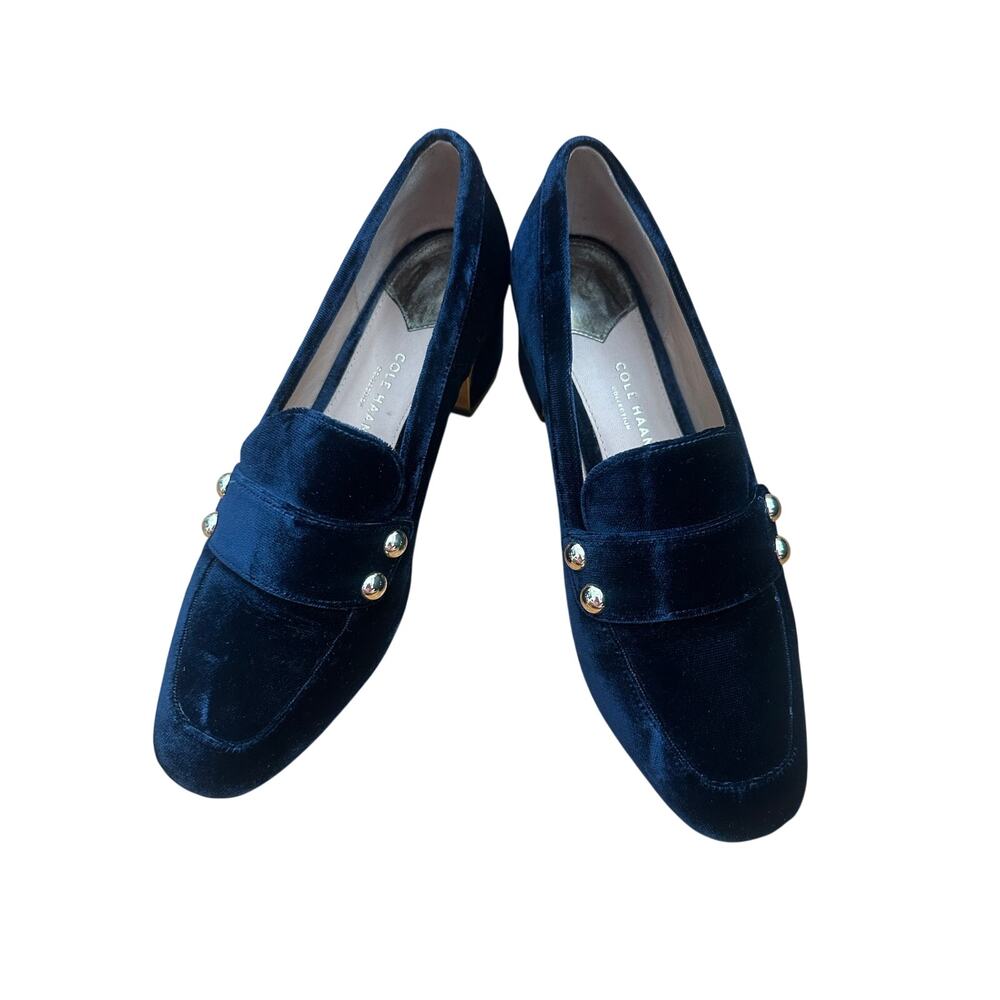 Cole Haan Navy Velvet Loafer Pumps Women’s 6B Gold Button Block Heel